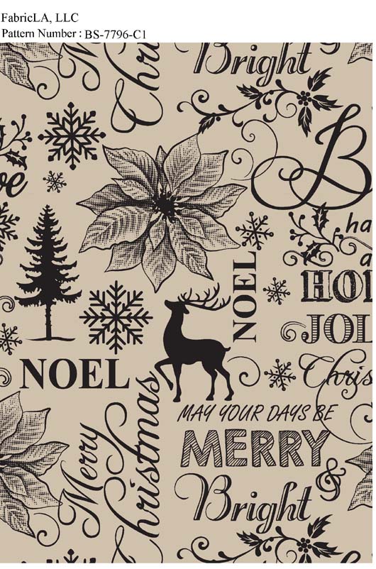 Christmas fabric print – Noel typography with poinsettia and deer – pattern BS-7796-C1 | FabricLA