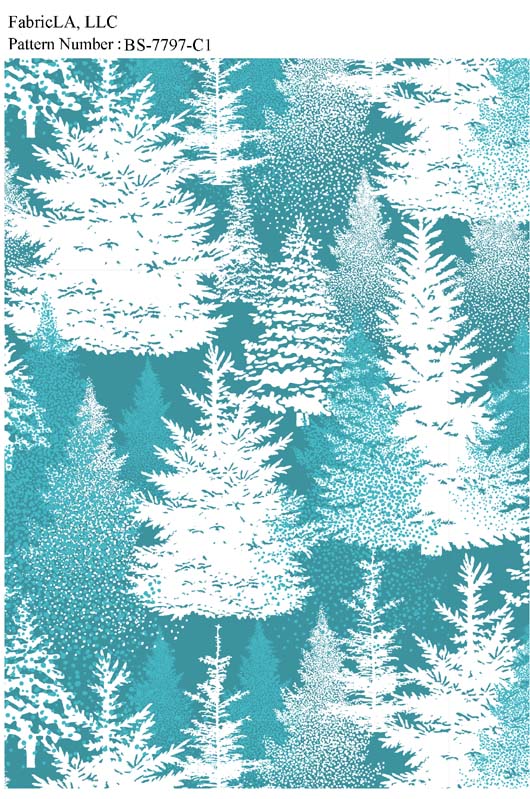 Christmas fabric print – snowy pine trees on teal – pattern BS-7797-C1 | FabricLA