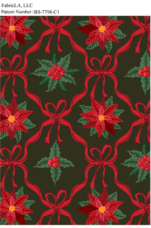 Christmas fabric print – red ribbons and poinsettias on dark red – pattern BS-7798-C1 | FabricLA