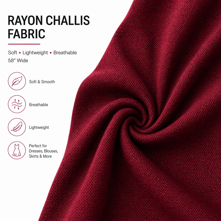 Rayon challis fabric by the yard—soft, lightweight, breathable, perfect for dresses and blouses.