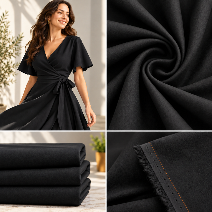 cotton stretch poplin fabric in black, showcasing smooth texture and drape, ideal for stylish clothing and designs.