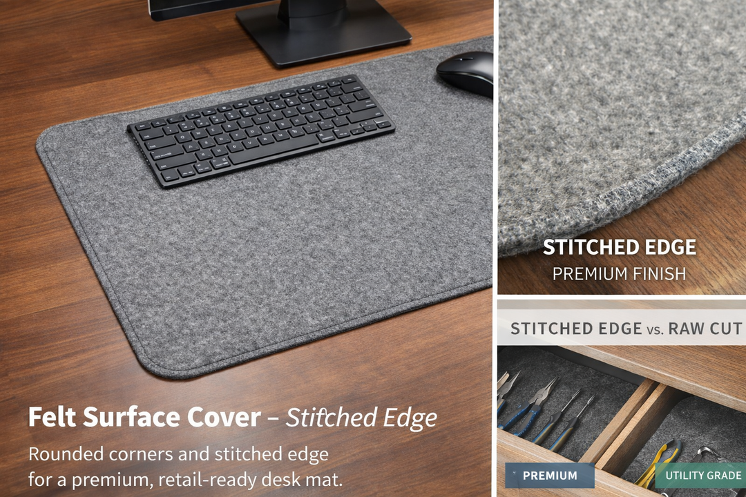 Gray desk mat with keyboard and mouse on a wooden surface, highlighting stitched edge finish.