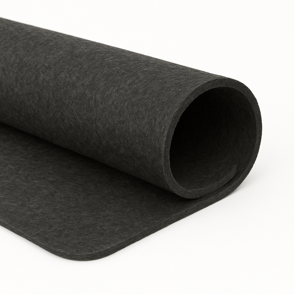 Roll of charcoal felt liner on a white background