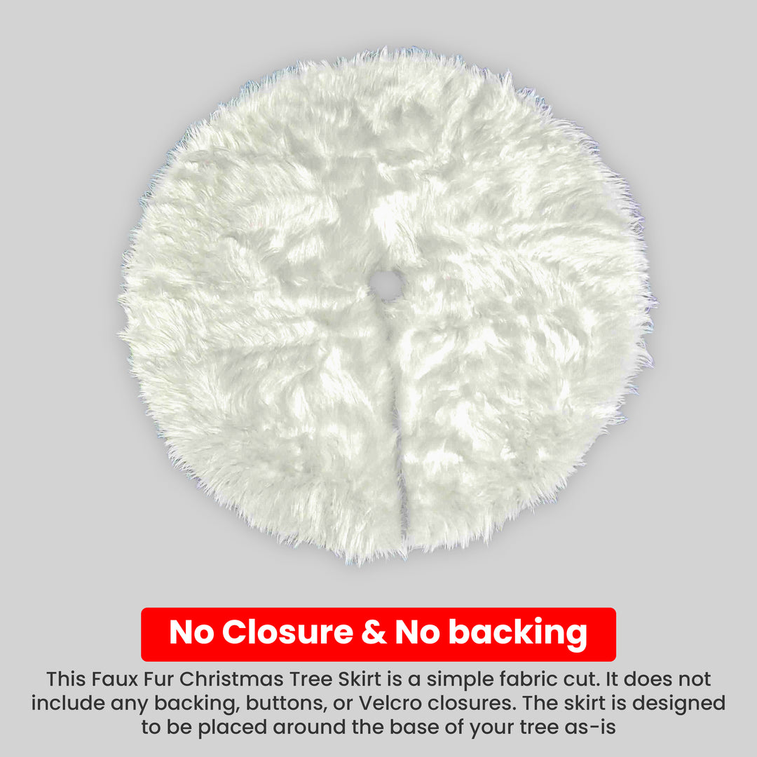 White faux fur Christmas tree skirt on a gray background with text indicating no closure or backing.
