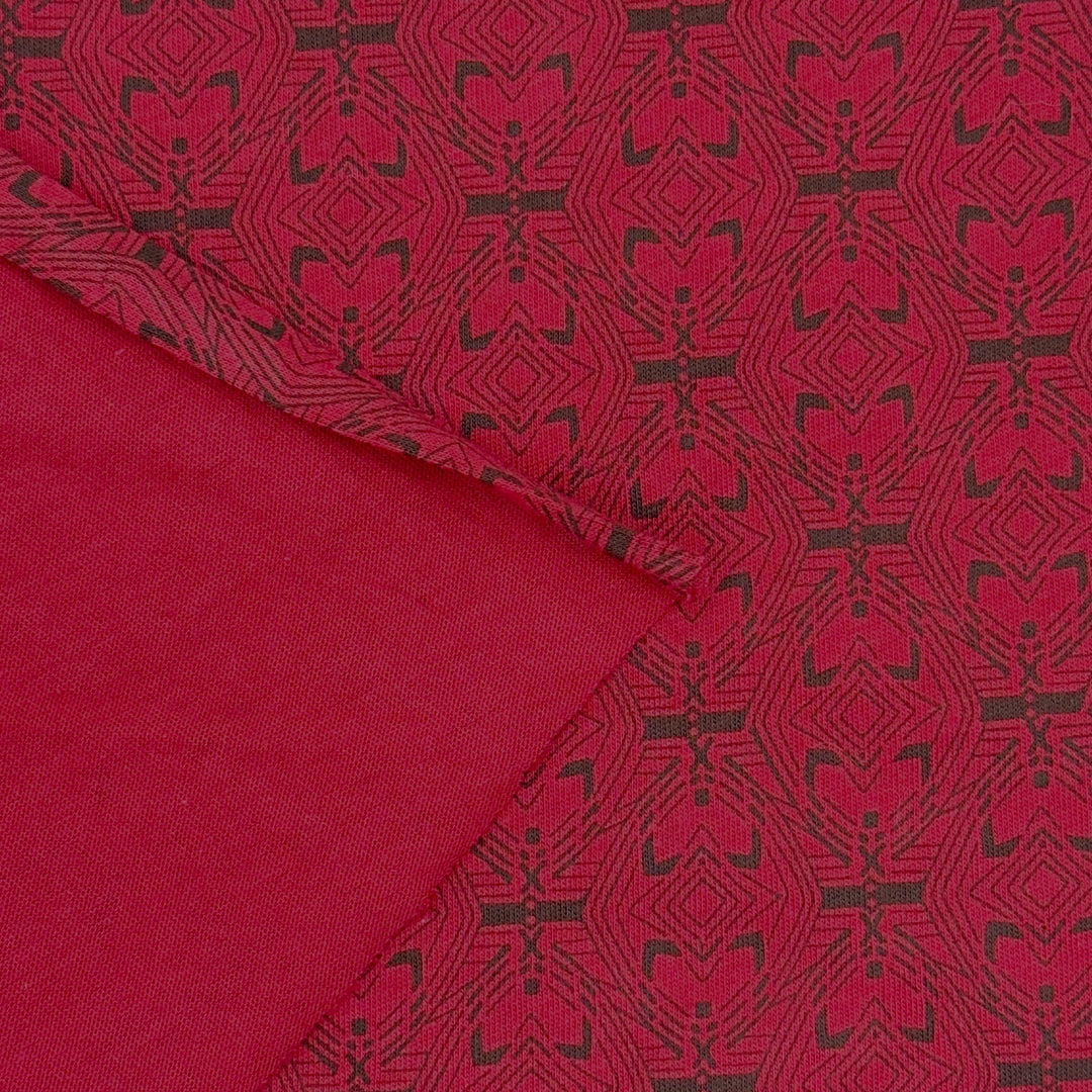 Red and black geometric diamond print cotton jersey knit fabric, 58–60 inch wide, 160 GSM.