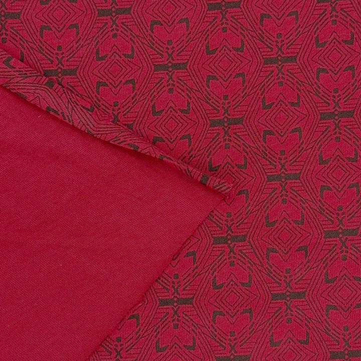 Red and black geometric diamond print cotton jersey knit fabric, 58–60 inch wide, 160 GSM.