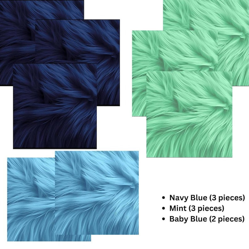 Faux Fur Square Fabric - 8 pieces, 10x10 inches shaggy fur patches in navy, mint, and baby blue colors.