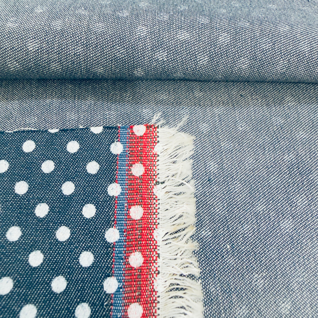 100% Cotton Chambray Fabric – White Pin Dot Pattern