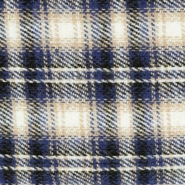 Close-up of navy blue and beige plaid fabric texture