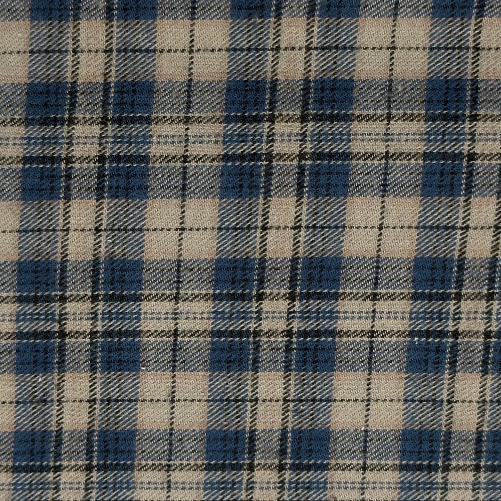 Close-up of a blue and beige plaid fabric pattern