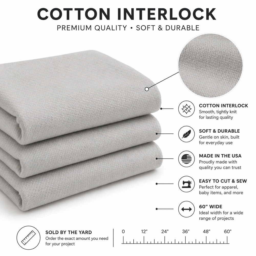 cotton interlock fabric by the yard, premium quality, soft and durable, made in USA, easy to cut and sew, 60 inches wide