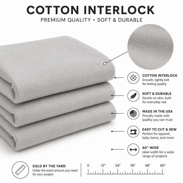 cotton interlock fabric by the yard, premium quality, soft and durable, made in USA, easy to cut and sew, 60 inches wide