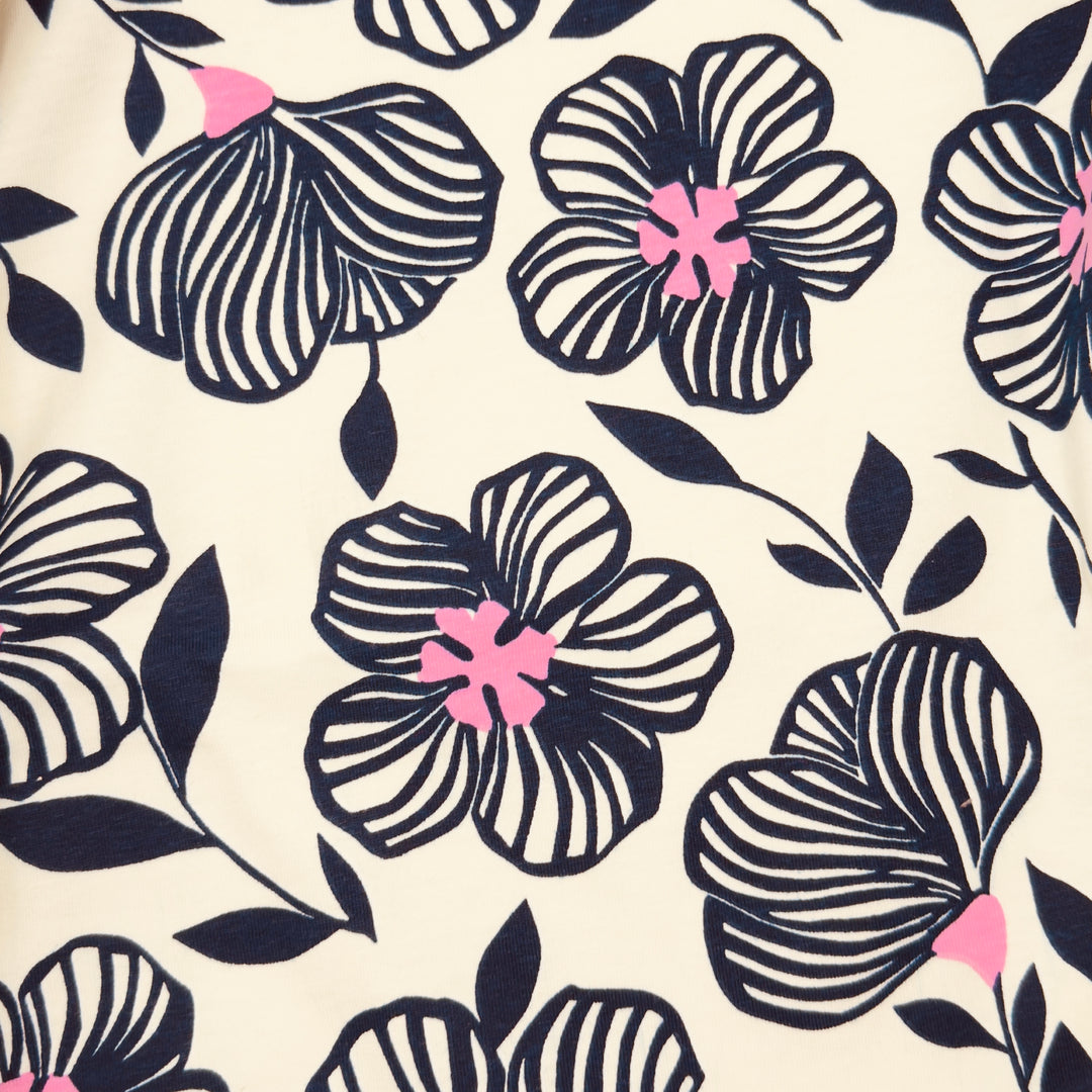 Navy and white floral cotton jersey knit fabric with pink accents, 58–60 inch wide, 210 GSM.
