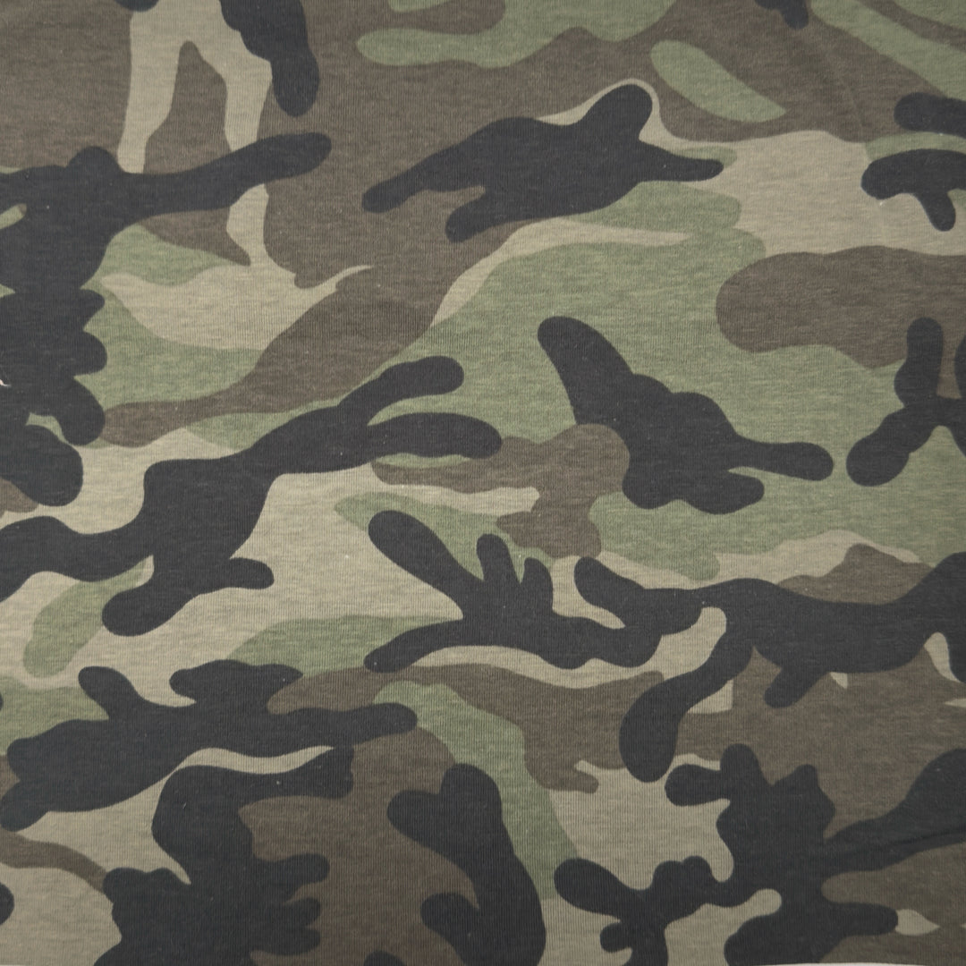 Camouflage cotton spandex jersey fabric by FabricLA – 58/60 inch, 95% cotton 5% spandex, 7oz, 140gsm.