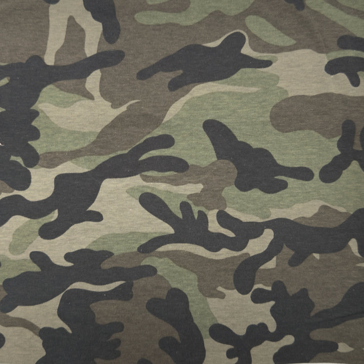 Camouflage cotton spandex jersey fabric by FabricLA – 58/60 inch, 95% cotton 5% spandex, 7oz, 140gsm.