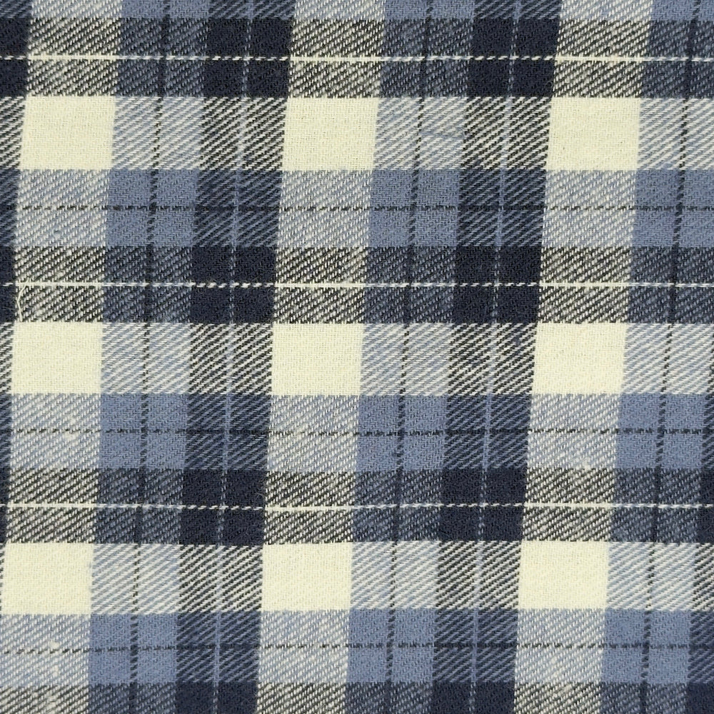 Plaid fabric pattern with blue, gray, and beige colors