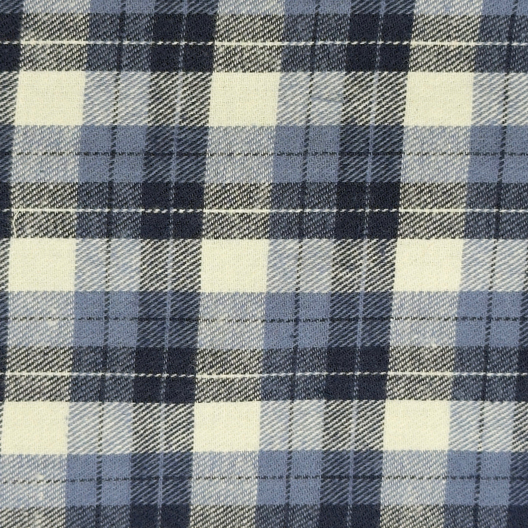 Plaid fabric pattern with blue, gray, and beige colors