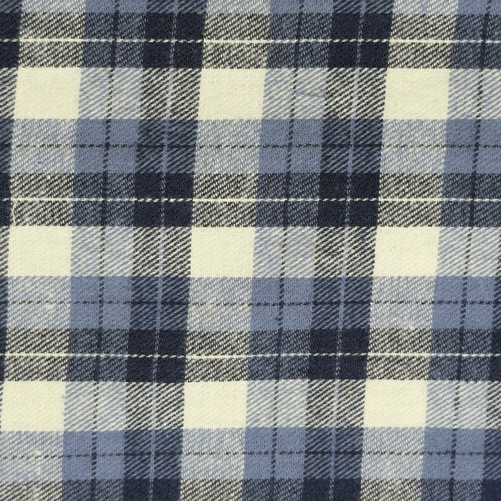 Plaid fabric pattern with blue, gray, and beige colors