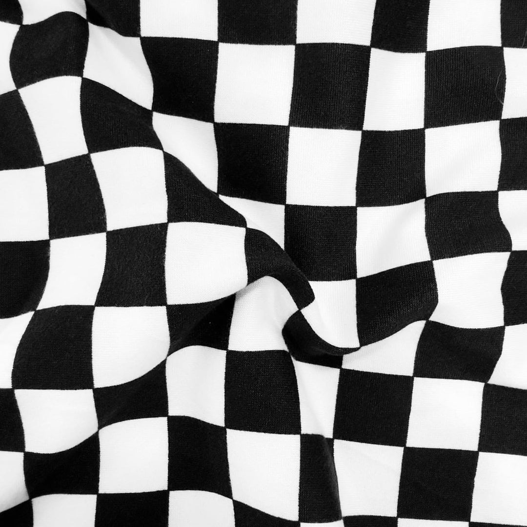 black and white checkered fabric pattern showcasing ultra-soft DTY brushed poly spandex.