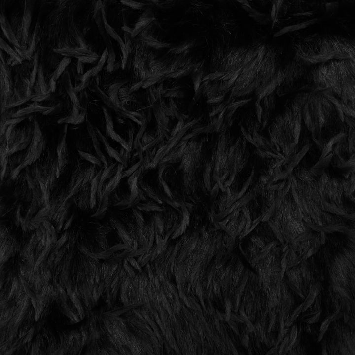 Close-up of black feather mink faux fur fabric, showcasing its plush texture and luxurious appearance.