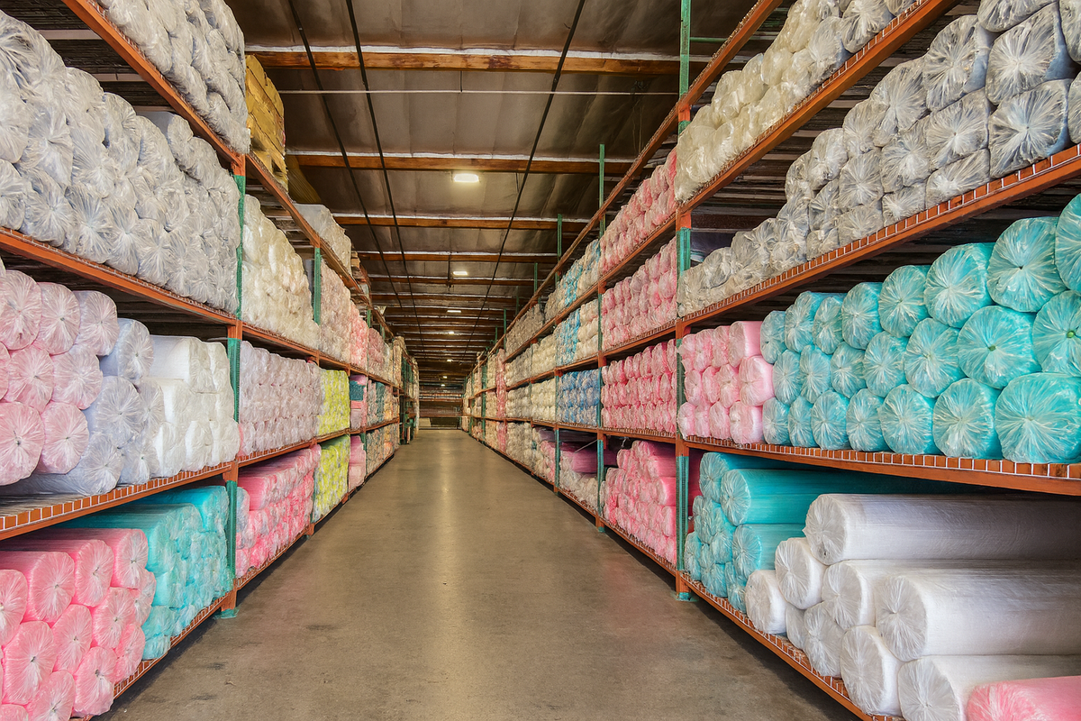 A long warehouse aisle lined with tall metal shelves stocked with rolls of FabricLA.com fabrics in white, pink, and turquoise blue, with a concrete floor and industrial ceiling overhead.