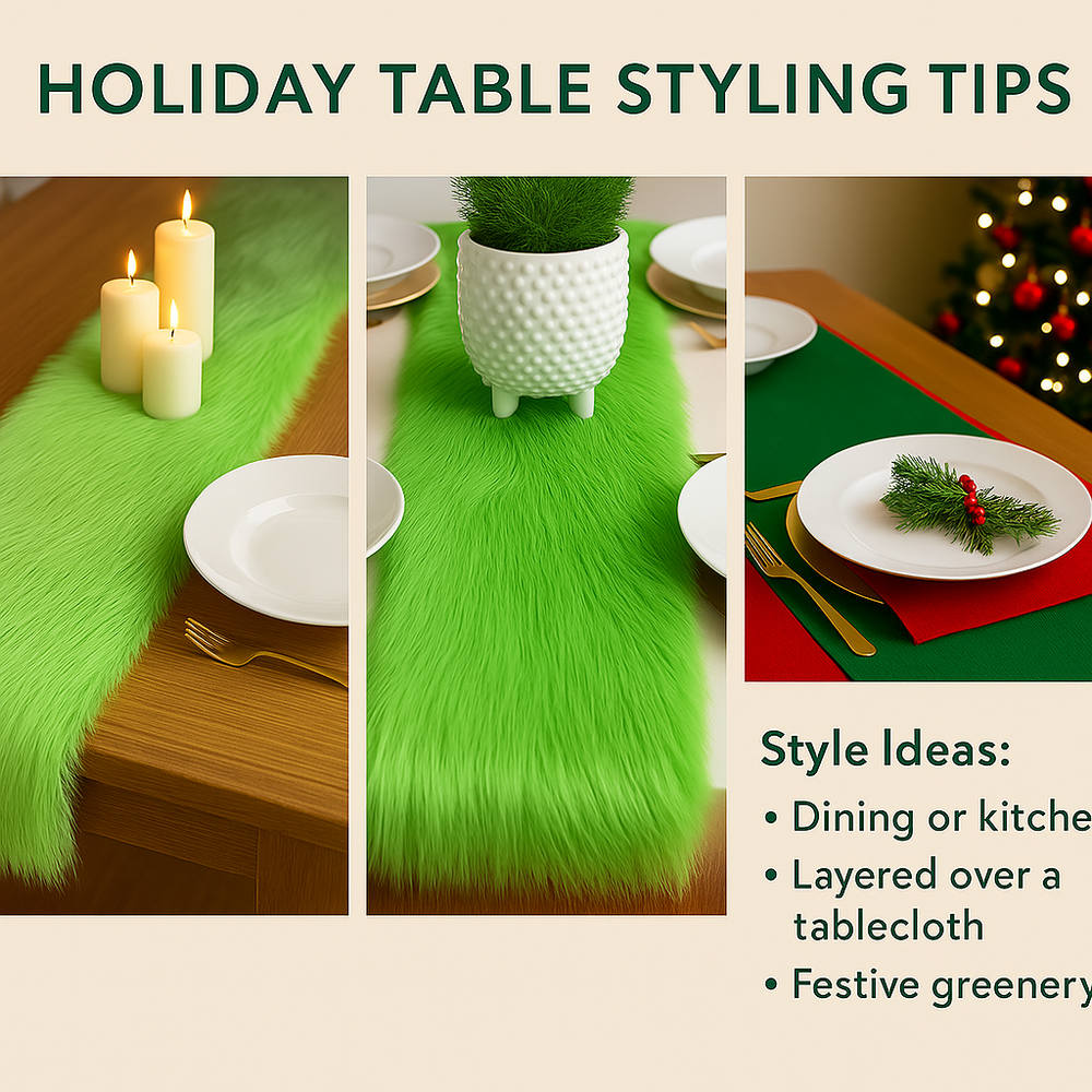 Holiday table styling tips featuring vibrant green white faux fur table runner with candles and festive greenery