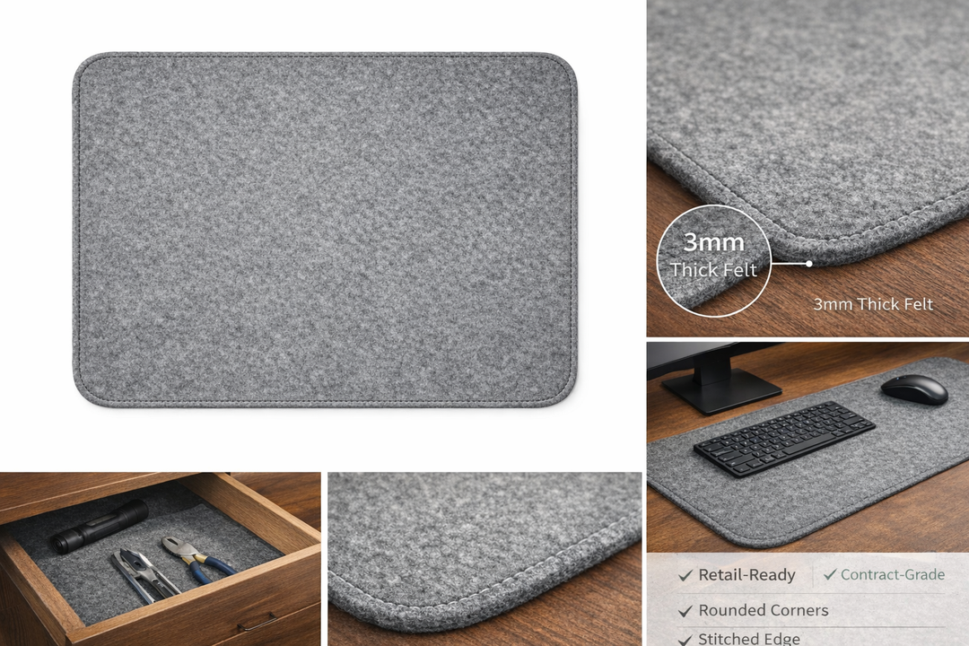 Gray felt mouse pad with various uses shown, including under a computer monitor and in a drawer.
