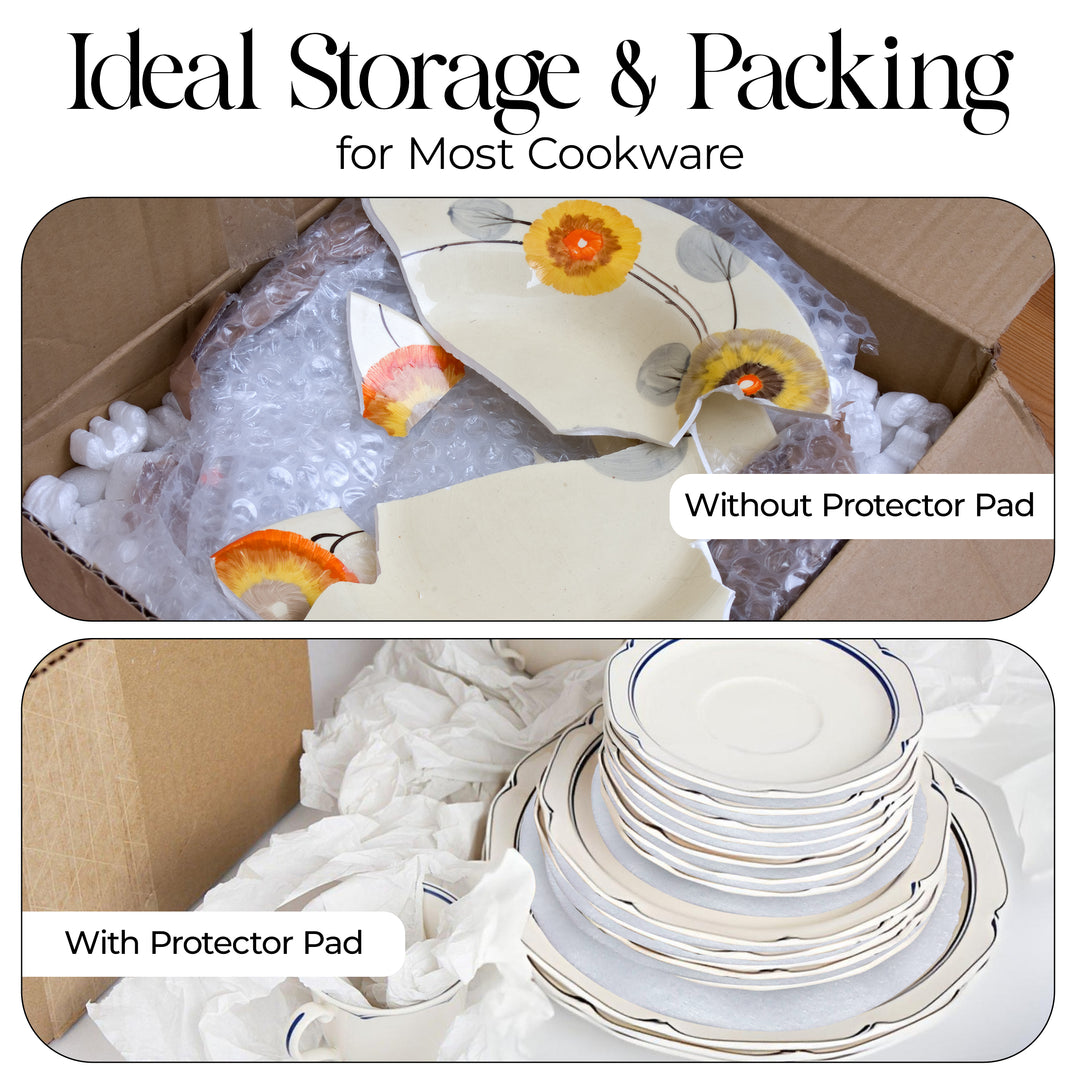 Comparison of cookware packaging with and without a protector pad.