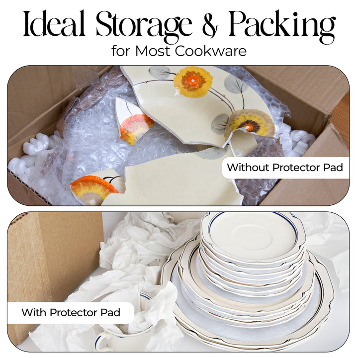 Comparison of cookware packaging with and without a protector pad.
