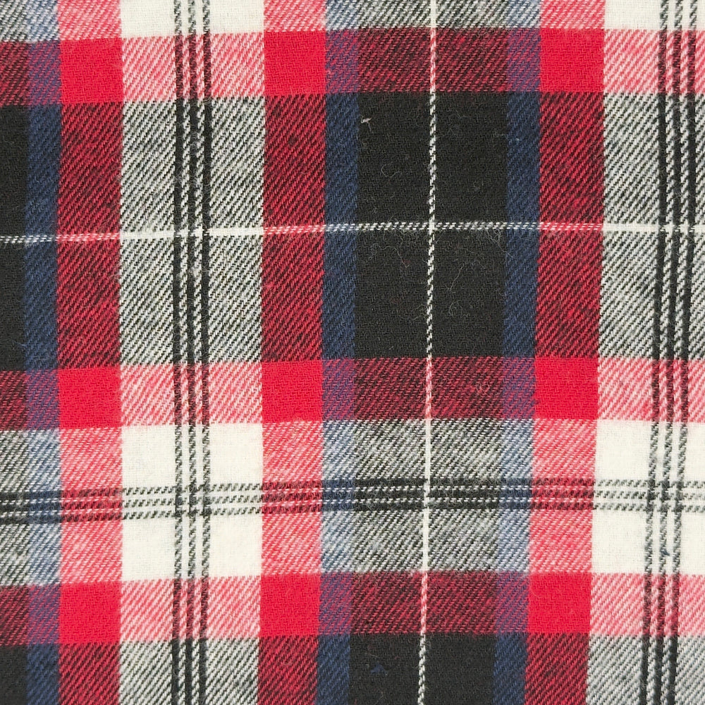 Plaid fabric pattern with red, blue, and gray colors.