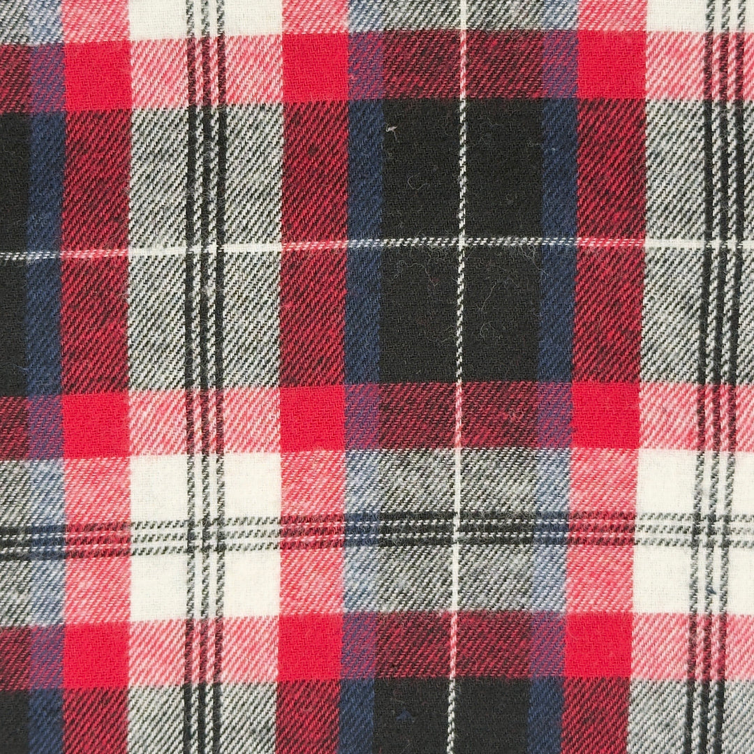 Plaid fabric pattern with red, blue, and gray colors.