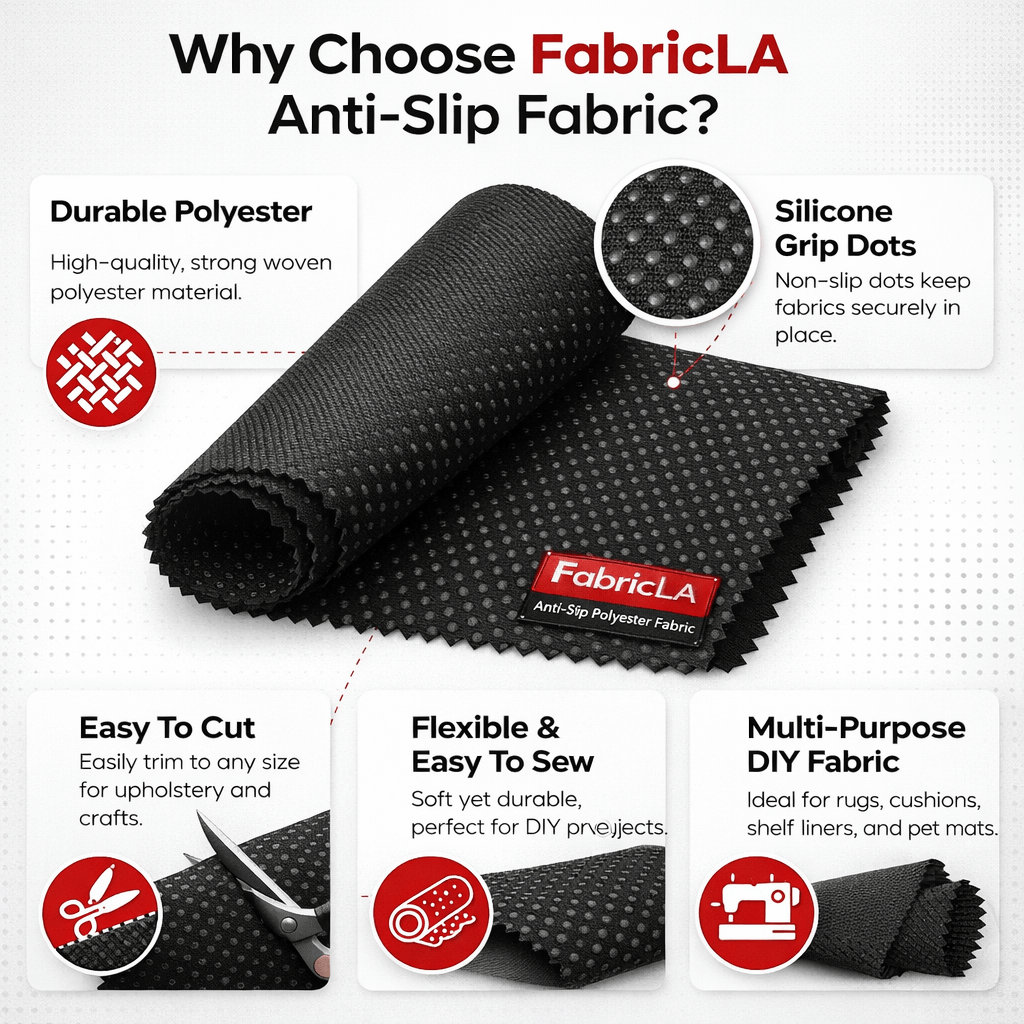 Non slip fabric featuring silicone grip dots for secure hold, durable polyester material for upholstery and DIY projects.
