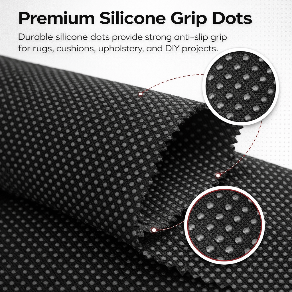 Premium silicone dot anti-slip fabric showing strong grip for non slip fabric projects like upholstery and rugs.