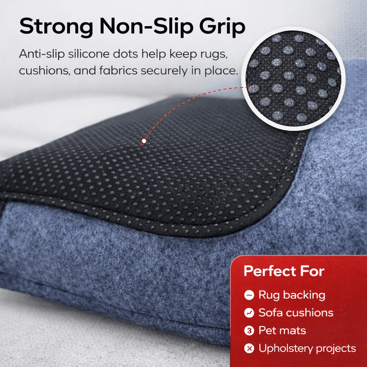 Close-up of non slip fabric with silicone dots providing strong grip for upholstery and rugs.