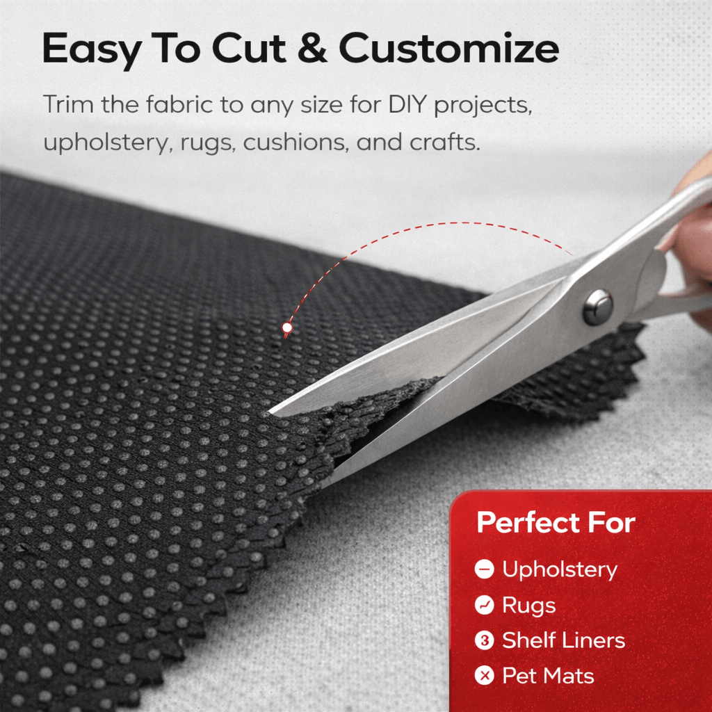Non slip fabric being cut with scissors for DIY projects, upholstery, and rug applications.