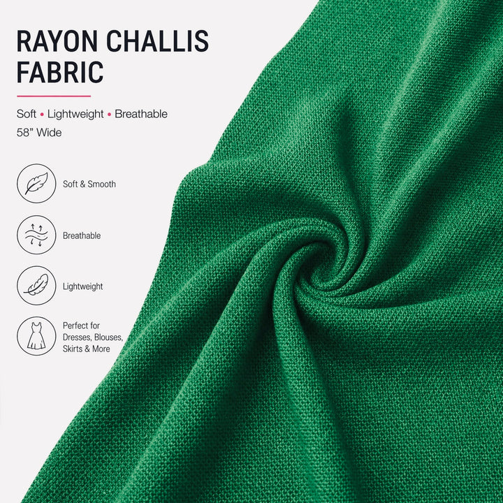 Rayon Challis Fabric by the Yard – Soft, lightweight, and breathable green fabric suitable for various clothing projects.