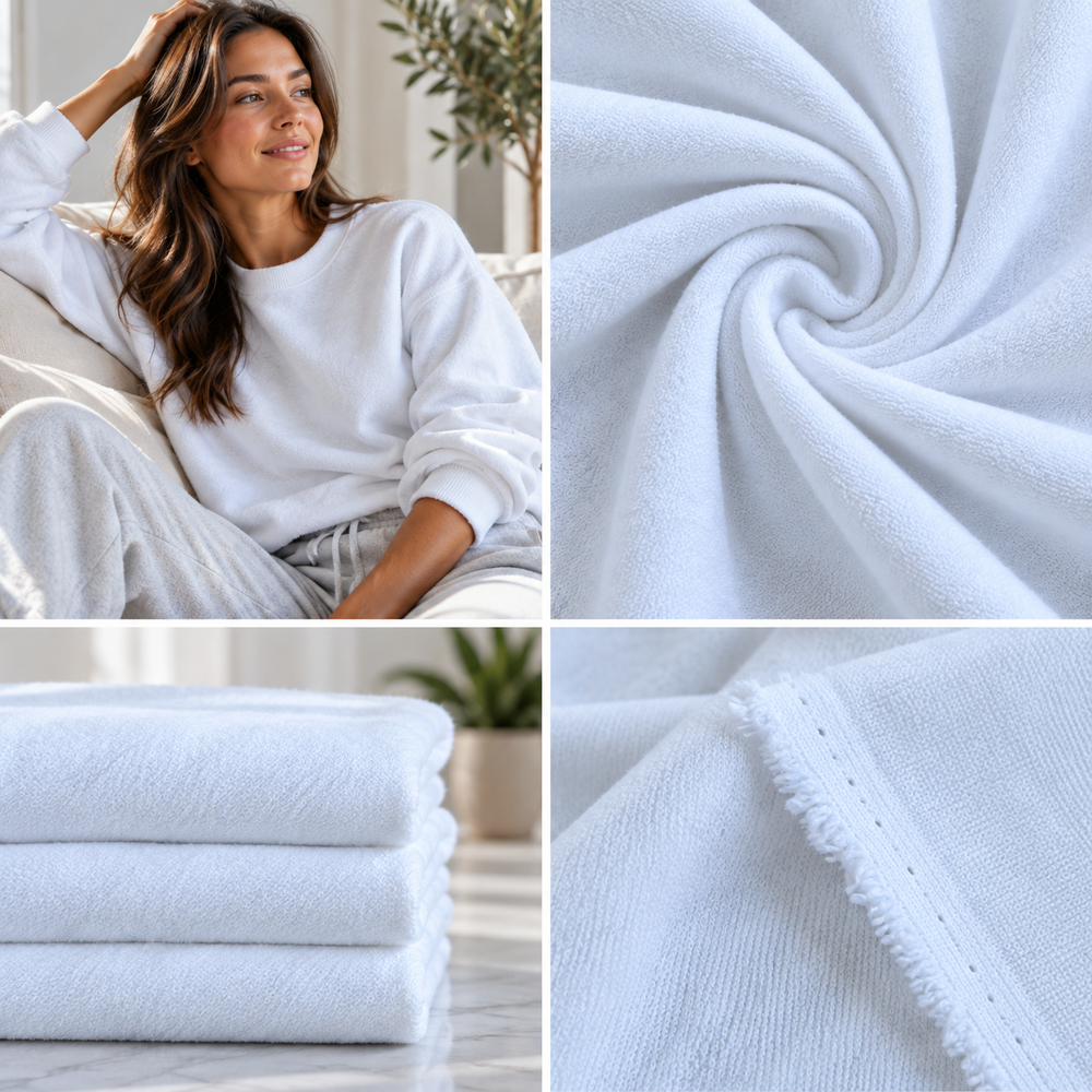 Model showcasing loop terry fabric in white, featuring its soft texture and drape, along with folded fabric samples.