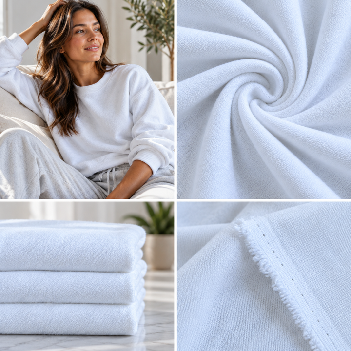 Model showcasing loop terry fabric in white, featuring its soft texture and drape, along with folded fabric samples.