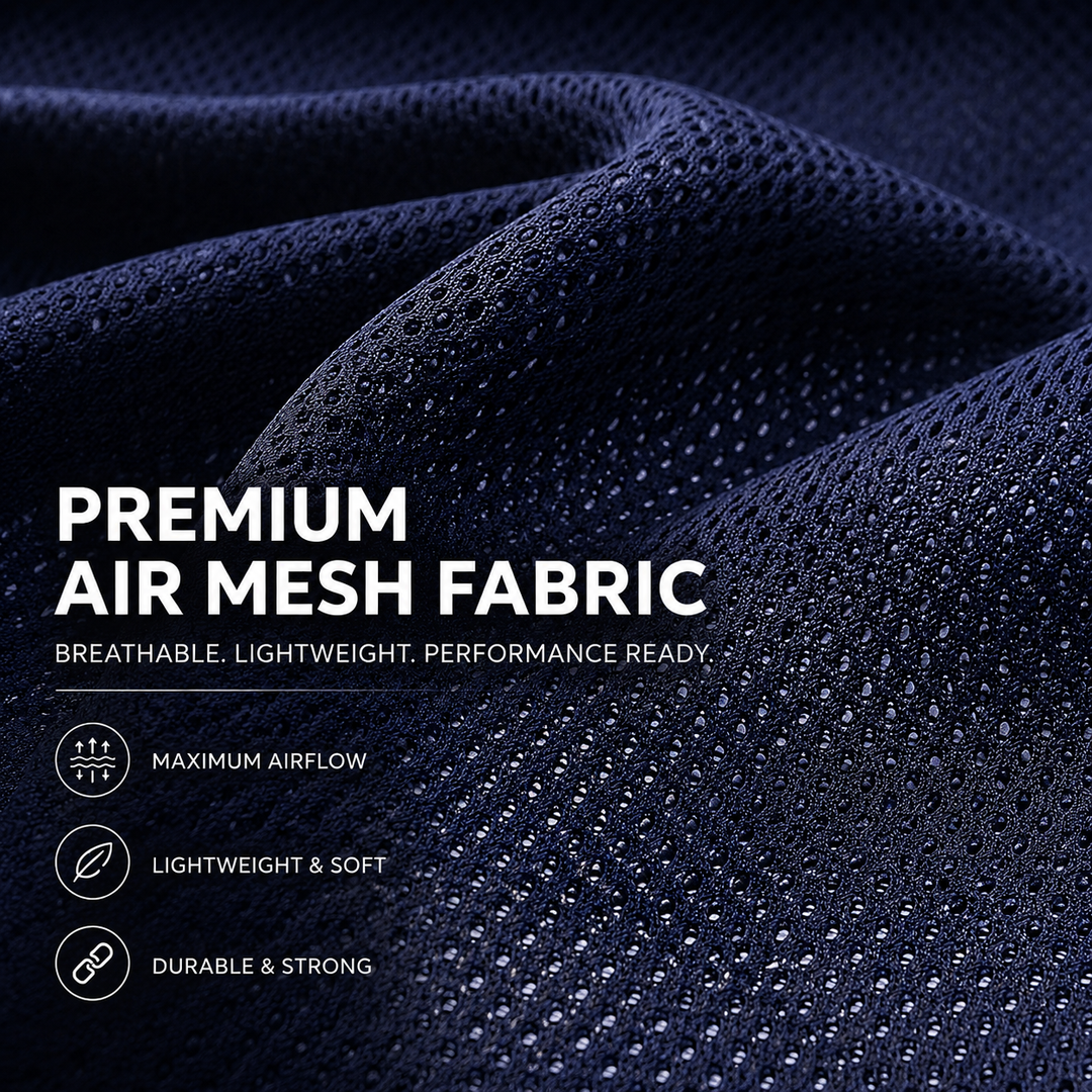 Close-up of dark navy mesh fabric with overlaid text reading 'PREMIUM AIR MESH FABRIC' and feature callouts about breathability, lightweight, softness, and durability.