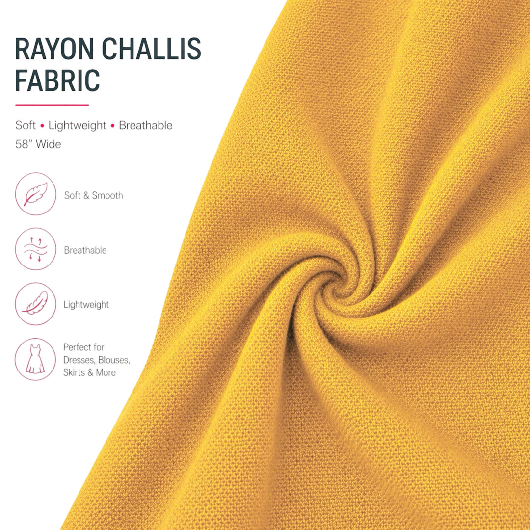 Rayon Challis Fabric by the Yard in vibrant yellow, soft, lightweight, and breathable, perfect for summer clothing.