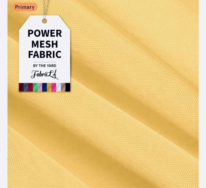 Nylon spandex performance power mesh fabric in pale yellow with tag indicating its use for sportswear and garments.