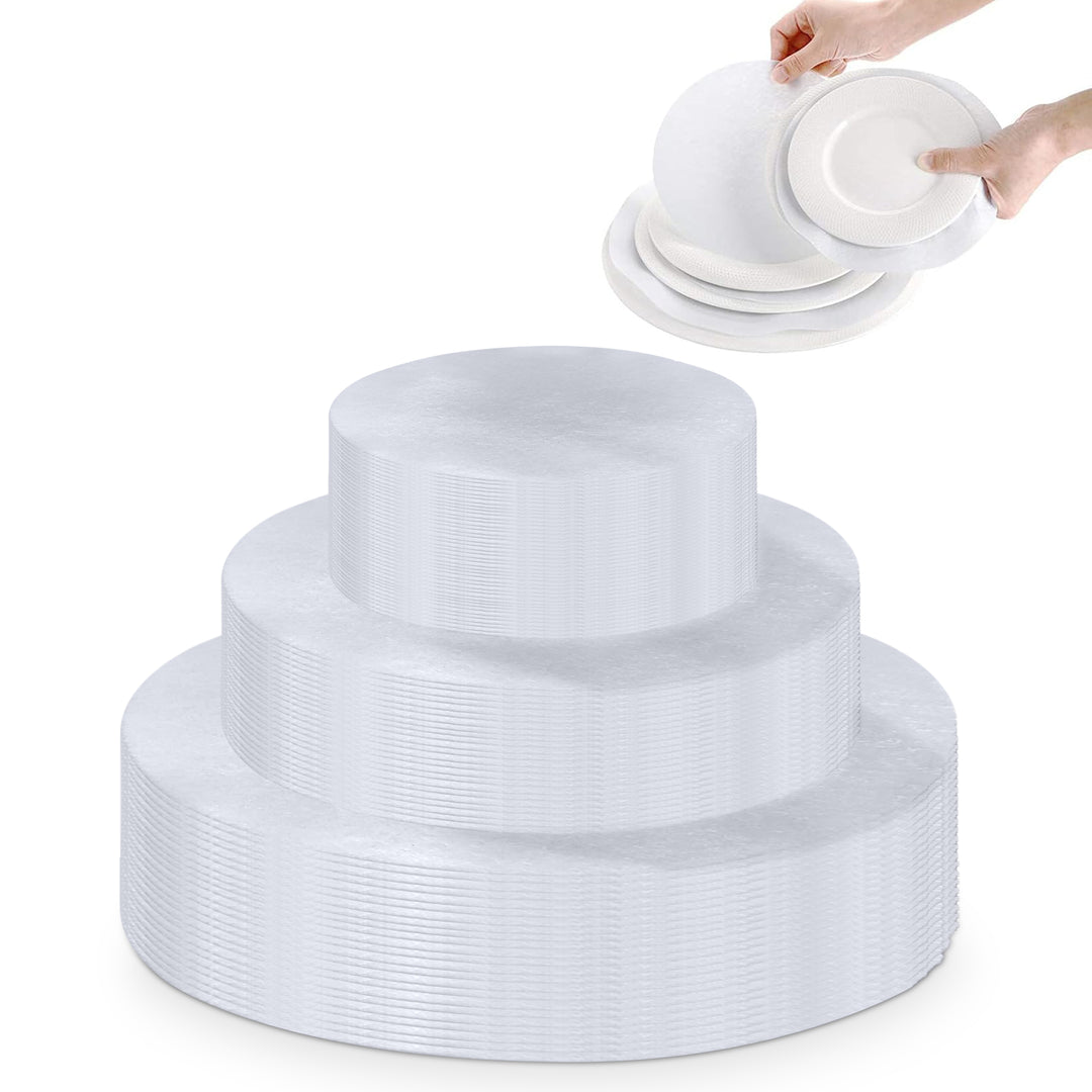 Three-tiered white felt fabric stand with a hand placing a smaller plate on top against a white background