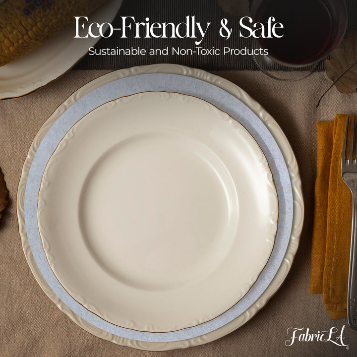 Beige plate with blue rim on a brown surface, with text 'Eco-Friendly & Safe' and 'Sustainable and Non-Toxic Products'.