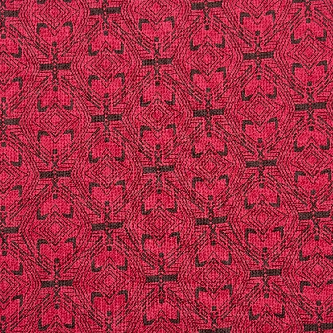 Red and black geometric diamond print cotton jersey knit fabric, 58–60 inch wide, 160 GSM.