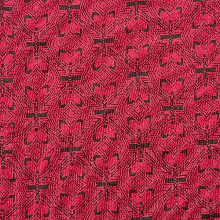 Red and black geometric diamond print cotton jersey knit fabric, 58–60 inch wide, 160 GSM.
