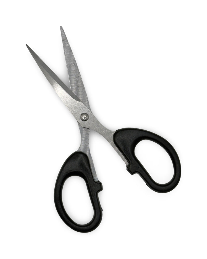 Pair of scissors with black handles on a white background