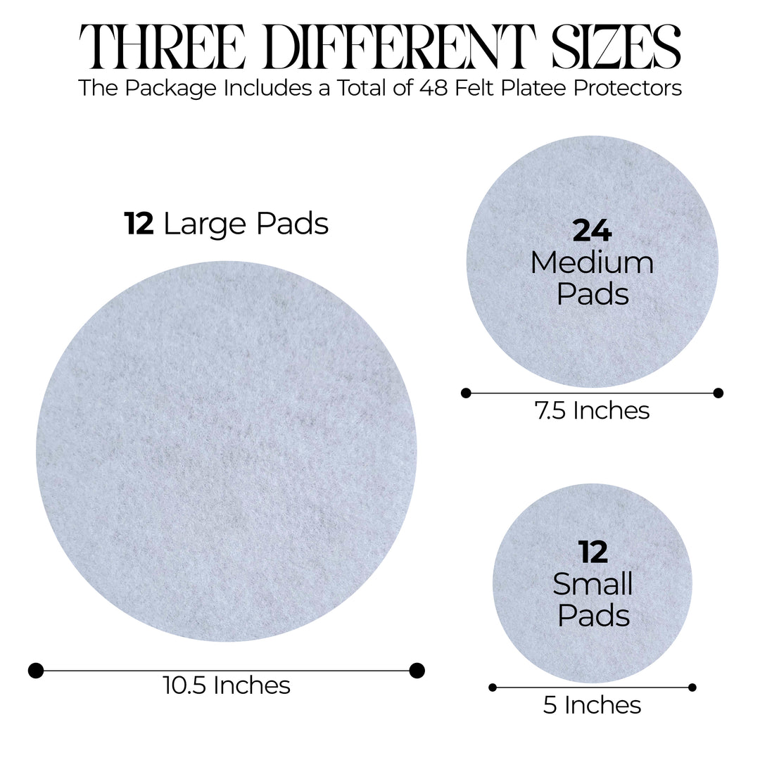 Diagram showing three different sizes of felt plate protectors with measurements and quantities.
