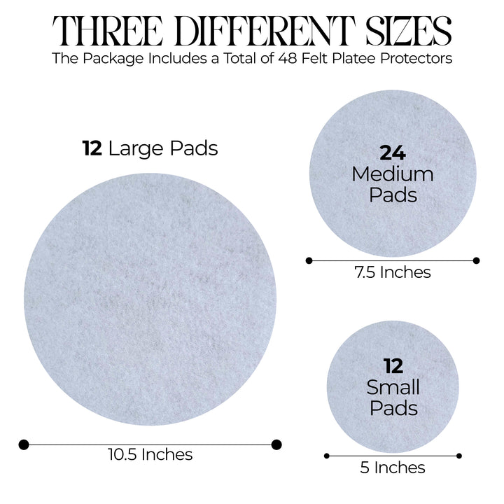 Diagram showing three different sizes of felt plate protectors with measurements and quantities.
