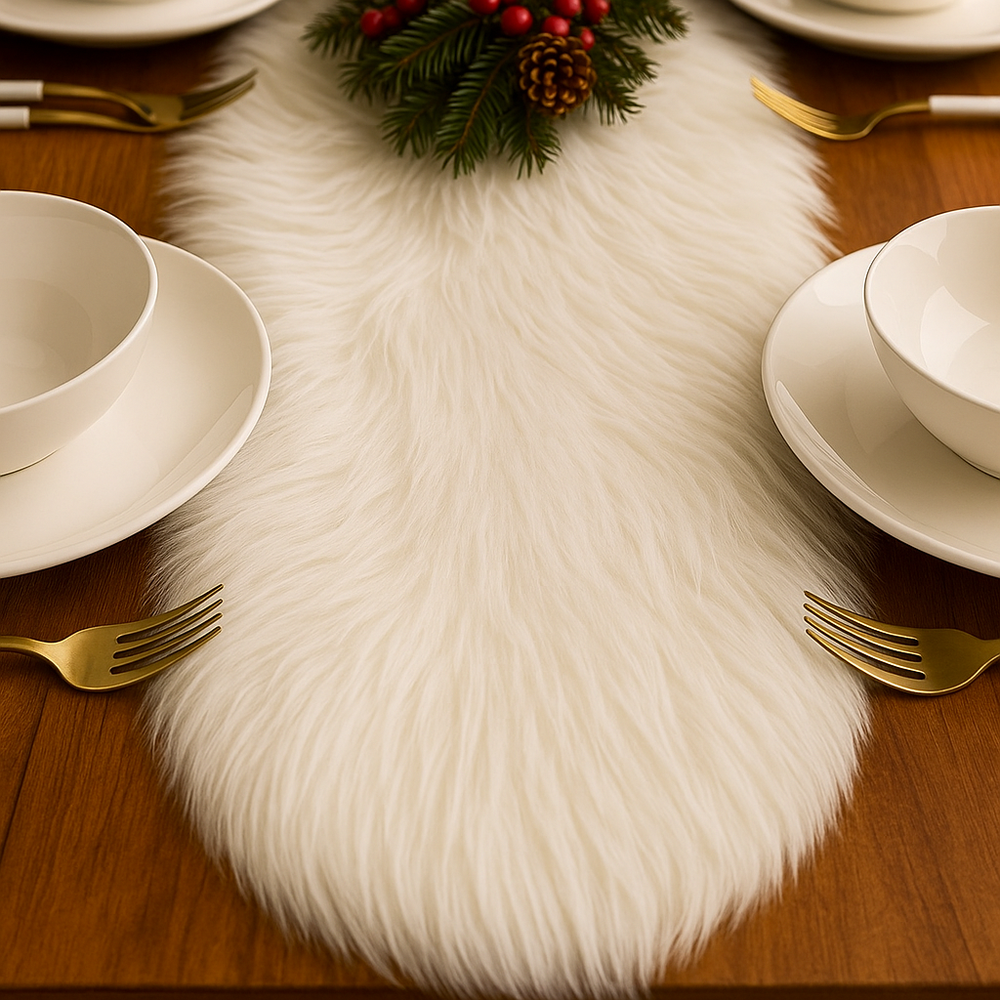 White fur runner on a wooden table with white plates, gold forks, and Christmas decorations.