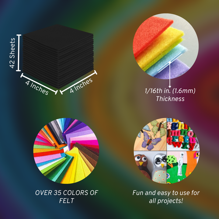 Black acrylic felt sheets 4 x 4 inch, 42 sheet pack, 1.6mm thick